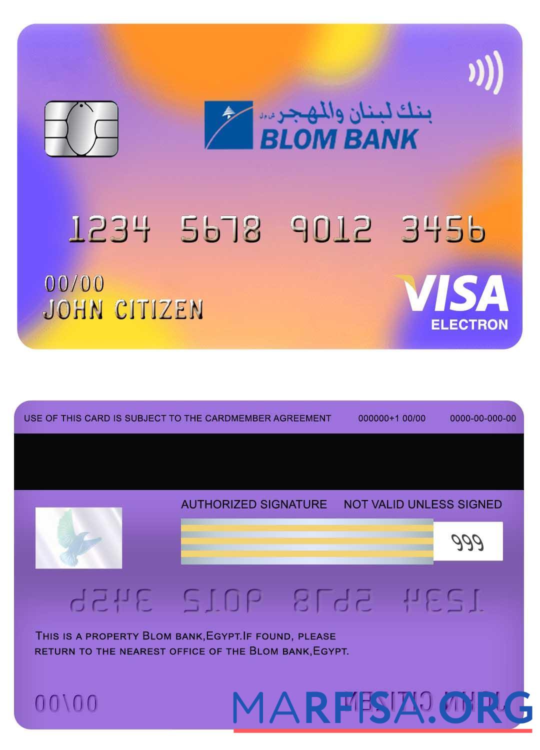 Realistic Egypt Blom bank visa electron card template